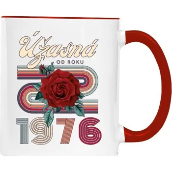 Hrnek malý barevný s potiskem Úžasná od roku 1976 s růží