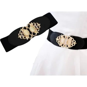 Opasek Elastický Dámský Pásek s Zlatou Ozdobnou Sponou, Černý, Šířka 7 cm, Délka 62-68 cm
