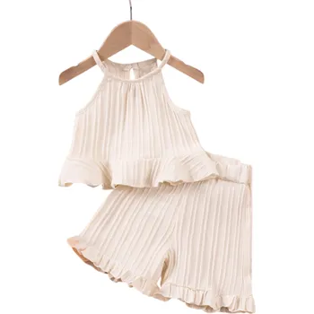 Dívčí letní set tílko s tenkými ramínky a kratasy s řasením Výstřih do O Lehký pohodlný komplet pro dívky béžova 3