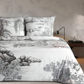 Povlečení Povlečení 160x200 cm saténové s rostlinným vzorem, bílé a ocelové