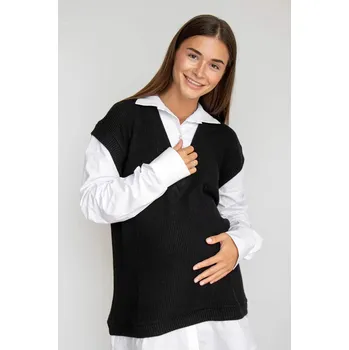Těhotenská móda Pletený těhotenský svetr s košilí 2v1 – černý Velikost: 2XL/3XL