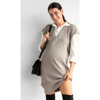 Těhotenská móda Pletené svetrové těhotenské šaty s košilí 2v1 – světlé cappuccino Velikost: L/XL