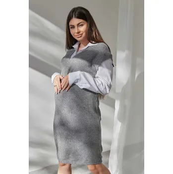 Těhotenská móda Pletené svetrové těhotenské šaty s košilí 2v1 – šedé Velikost: S/M