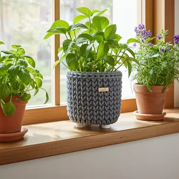 Háčkovaný obal/stojan na květináč sv. šedý (Stojan/obal pro květináč)