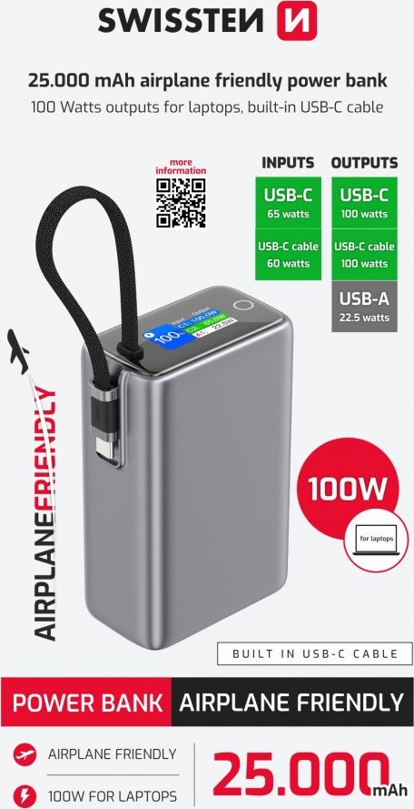 Powerbank Swissten cestovní 25000 mAh (96.25wh) 100W s integrovaným kabelem USB-C šedá