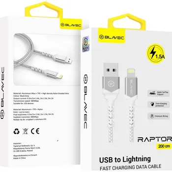 Datový kabel Blavec Raptor Braided - USB na Lightning - 1,5A 2m (CRA-UL15WS20) bílo-stříbrný