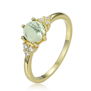 Souprava šperků MINET Elegantní pozlacený stříbrný prsten se světlým mechovým achátem a zirkonem vel. 53