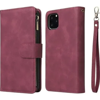 Pouzdro na mobilní telefon Kožené pouzdro pro iPhone 17 Peněženkové provedení Magnetický odklápěcí kryt Ochranný obal s přihrádkami na karty vínová