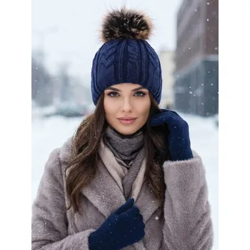 Čepice Dámská čepice s bambulí z pravé kožešiny Pola - tmavě-modrá, VELIKOST UNI