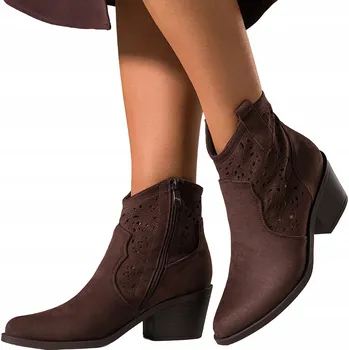 Dámské kozačky KOTNÍKOVÉ BOTY Čokoládové Dámské KOVBOJSKÉ BOTY Seříznutý Podpatek AŽUROVÝ SVRŠEK Módní velikost 40