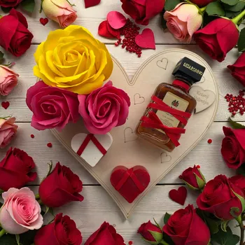 Dárková krabička Dárkové srdce „Krásný Valentýn“ z březové překližky s mýdlovými růžemi, mýdly malina & kokos a likérem Disaronno Originale – 0,05 l, 28 % alkoholu (verze 2)