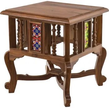 Noční stolek SANU BABU Květinový stolek z teakového dřeva zdobený keramickou dlaždicí, 41x41x45cm (6R)