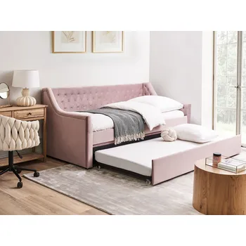 Postel Rozkládací postel růžová sametová s rámem 90 x 200 cm, s knoflíky, glamour styl Beliani