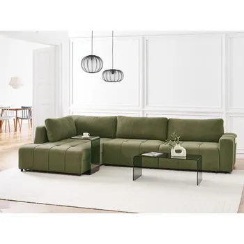 Pohovka 4místná rohová rozkládací pohovka pravostranná zelená látka s úložným prostorem hustě polstrovaný nábytek do obývacího pokoje moderní styl Beliani