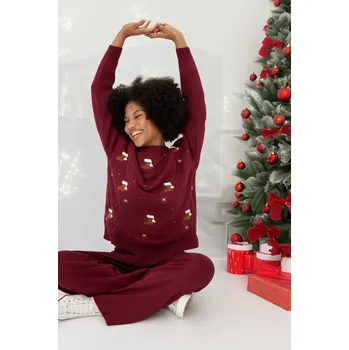 Dámský svetr Trendyol červená vánoční tematika měkké texturované péřové pleteniny dvoudílná sada Trendyol tmavě červená 2495220