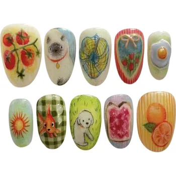 Umělé nehty Manikúrní dekorace 25,6–18,3 mm Mandlový tvar 12 velikostí 24 lesklých falešných nehtů s roztomilými vzory a lepidlem