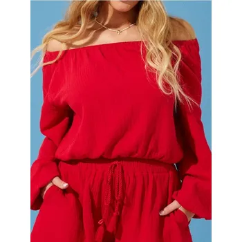 Dámské oblečení Sinsay - Bavlněná halenka s&nbsp;balonovými rukávy - červená - 927EN-33X - 927EN-33X-XXL