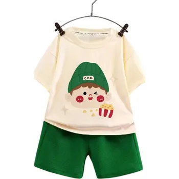Unisex dětský letní set tričko s krátkým rukávem a kratasy Výstřih do O Potisk chlapce s popcornem Pohodlný komplet zelená 4