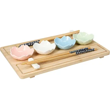 Stolování EH Excellent Houseware Set na sushi, 9 dílů: bambusový podnos, hůlky a 4 porcelánové misky ve tvaru květu