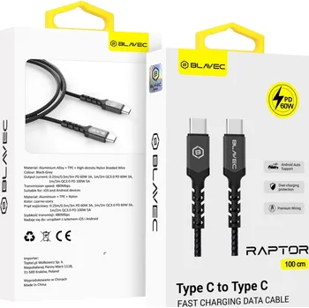 Datový kabel Blavec Raptor Braided - typ C na typ C - PD 60W 3A 1m (CRA-CC3BG10) černo-šedý