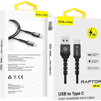 Datový kabel Blavec Raptor Braided USB-A - USB-C 3A (CRA-UC3BG10) 1m černo-šedý