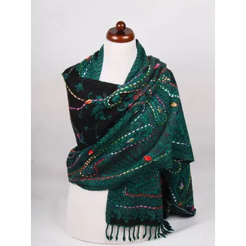 Šála Šála z merino vlny s vyšíváním tmavě zeleno-černá