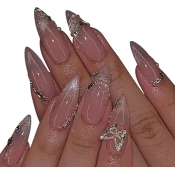 Umělé nehty Glamour sada umělých nehtů Mandlový tvar Střední velikost 24 ks Nalepovací 3D akrylové třpytivé nehty pro domácí manikúru