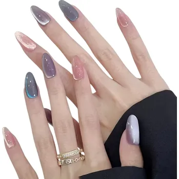 Umělé nehty Metalické akrylové nehty Mandlový tvar Střední velikost 24 ks 3D design Nositelné nalepovací umělé nehty pro domácí manikúru