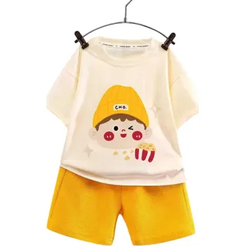 Unisex dětský letní set tričko s krátkým rukávem a kratasy Výstřih do O Potisk chlapce s popcornem Pohodlný komplet žlutá 8