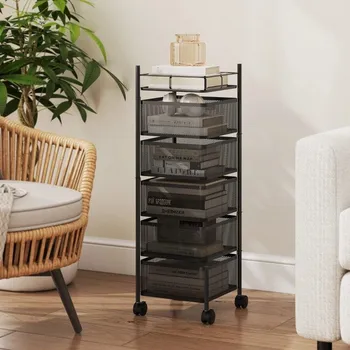 Servírovací stolek Kuchyňský vozík s 5 úrovněmi a otočnými koši | černý