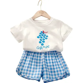 Dívčí oblečení Dívčí letní set tričko s krátkým rukávem a kostkované kratasy Výstřih do O Ovocný potisk Pohodlné oblečení pro dívky modrá 12-24 měsíců