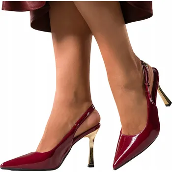 Dámská obuv Lodičky Dámské Bordó Lakované Jehlové Podpatky Otevřená Pata Zlatý Podpatek vel. 38