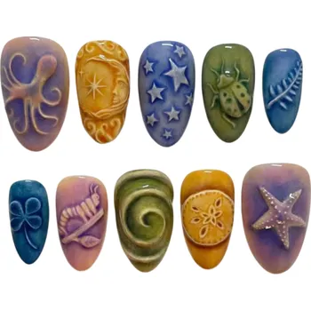 Umělé nehty 24 ks umělé nehty 12 velikostí 25,6–18,3 mm Mandlový tvar Barevné vzory Lesklý povrch Sada s lepidlem a nástrojem na úpravu