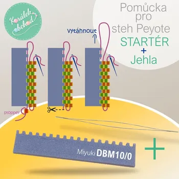 Startér Pomůcka pro steh Peyote (STARTÉR). Pro snadný začátek šití stehem Peyote a korálky Miyuki DBM 10/0 sada Startér +Jehla
