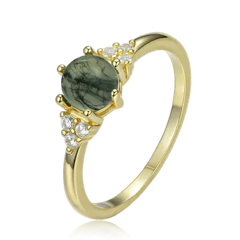 Souprava šperků MINET Elegantní pozlacený stříbrný prsten s tmavým mechovým achátem a zirkonem vel. 55