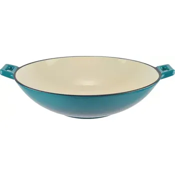 Pánev Smaltovaný litinový wok Perfect Home 37 cm – tyrkysový (Smaltovaný litinový wok Perfect Home 37 cm v tyrkysové barvě vhodný i na indukci)