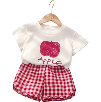 Dívčí letní set tričko s krátkým rukávem a kostkované kratasy Výstřih do O Ovocný potisk Pohodlné oblečení pro dívky červená 6