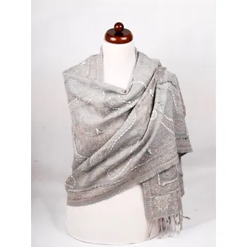 Šála Šála z merino vlny s vyšíváním šedá s šedohnědou