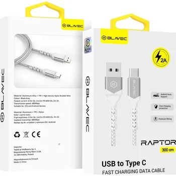 Datový kabel Blavec Raptor Braided - USB na typ C - 2A 3m (CRA-UC2WS30) bílo-stříbrný