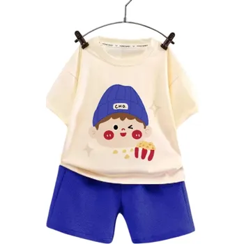 Dívčí oblečení Unisex dětský letní set tričko s krátkým rukávem a kratasy Výstřih do O Potisk chlapce s popcornem Pohodlný komplet modrá 6
