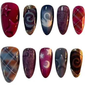 Umělé nehty Designová sada 24 ozdobných nehtů ve 12 velikostech 25,6–18,3 mm Mandlový tvar Lesklé povrchy Barevné vzory Lepidlo a lešticí páska