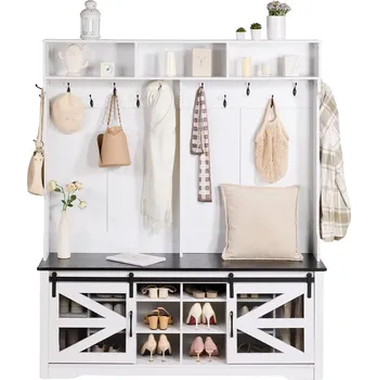 Věšák Vevor Stojan na kabáty dřevěný s lavicí a úložištěm, 12 háčků, usb