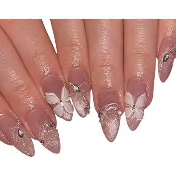 Umělé nehty Třpytivé akrylové nehty Mandlový tvar Střední velikost 24 ks Nalepovací 3D umělé nehty pro domácí manikúru