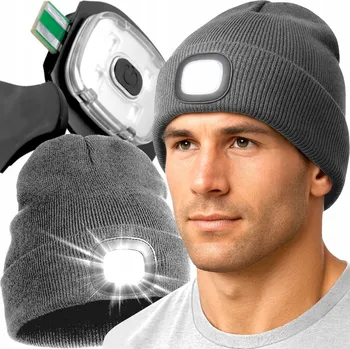 Čepice Zimní čepice s LED čelovkou a USB nabíjením, teplá, tmavě šedá