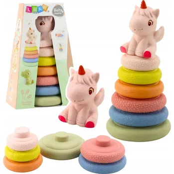 Hračka pro nejmenší měkká senzorická stohovací pyramida jednorožec eko