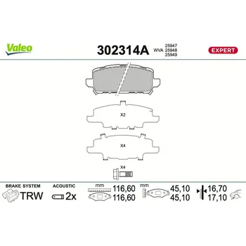 Brzdová destička Sada brzdových destiček, kotoučová brzda VALEO 302314A