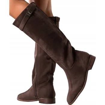 Dámské kozačky KOZAČKY Čokoládové Dámské Nad Koleno Pásek S Ozdobou NÍZKÝ PODPATEK vel. 40