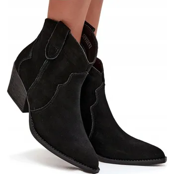 Dámská zimní obuv KOTNÍKOVÉ BOTY Z PŘÍRODNÍHO SEMIŠE KOVBOJSKÉ BOTY ZATEPLENÉ ČERNÉ 36