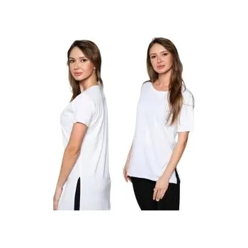 Dámské tričko VOLNÉ DÁMSKÉ TRIČKO BÍLÉ JEDNODUCHÉ DLOUHÉ S ROZPARKEM BASIC KRÁTKÝ RUKÁV S