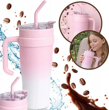 Hrnek TERMICZNY ZE SŁOMKĄ UCHWYTEM NA KAWĘ HERBATĘ SZCZELNY POJEMNY 1200ML